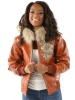 Pelle Pelle Women’s 40th Anniversary Brown Fur Hood Croc. Leather Jacket