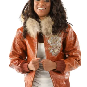 Pelle Pelle Women’s 40th Anniversary Brown Fur Hood Croc. Leather Jacket