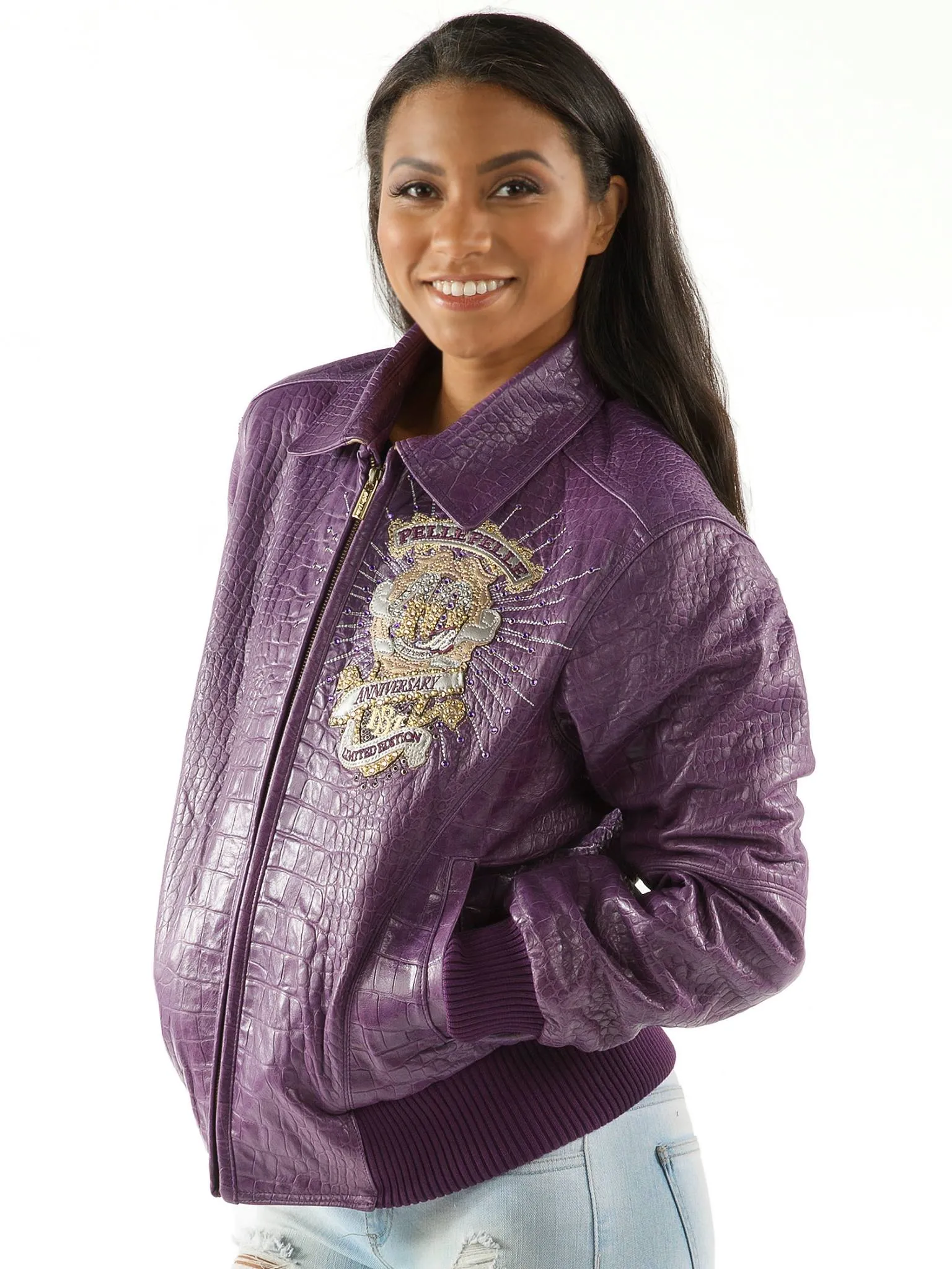 womens-pelle-pelle-4th-anniversary-purple-leather-jacket-front Pelle Pelle Women’s 40th Anniversary Purple Croc. Leather Jacket